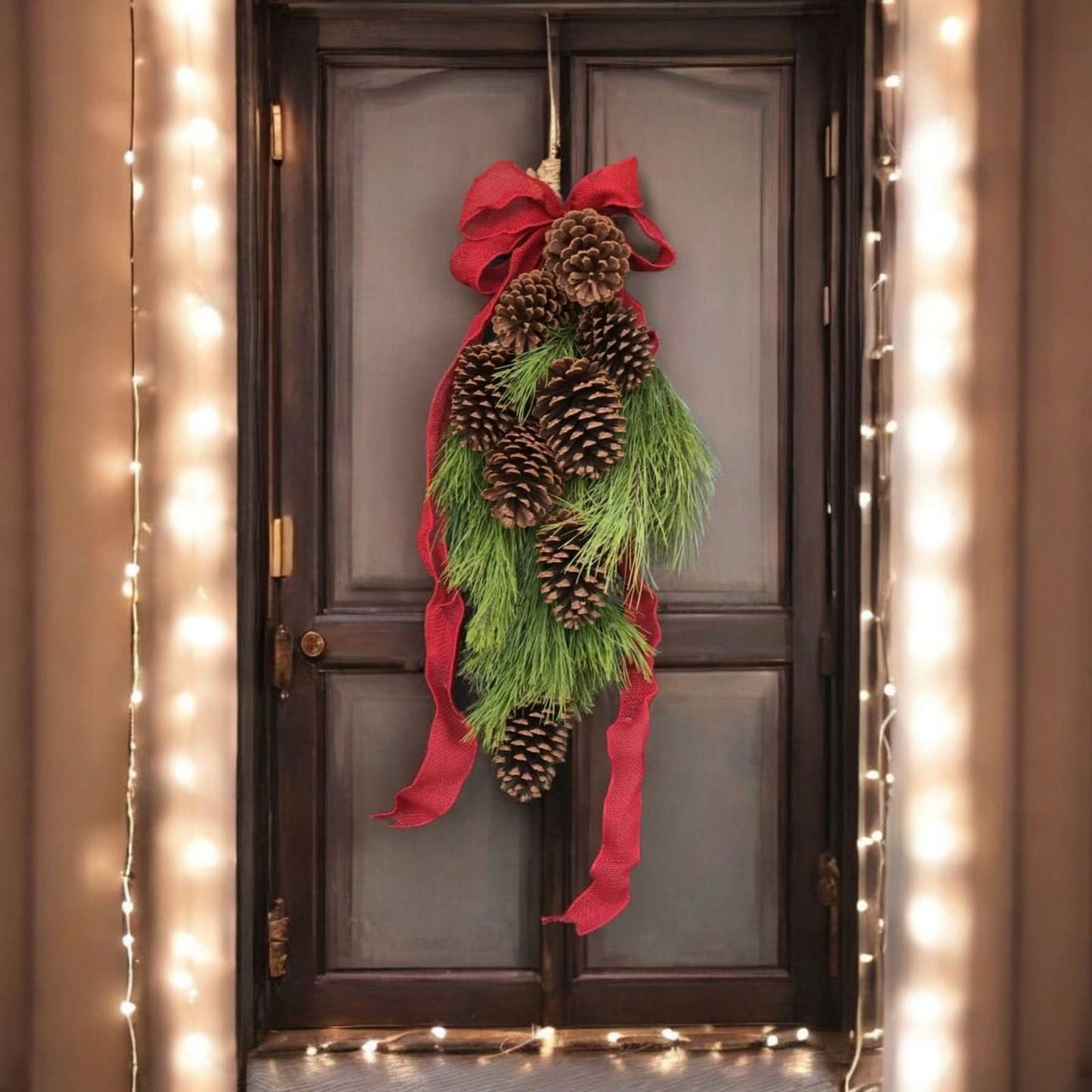 Elovira™ Kırmızı Kurdeleli Kozalaklı Kapı Süsü